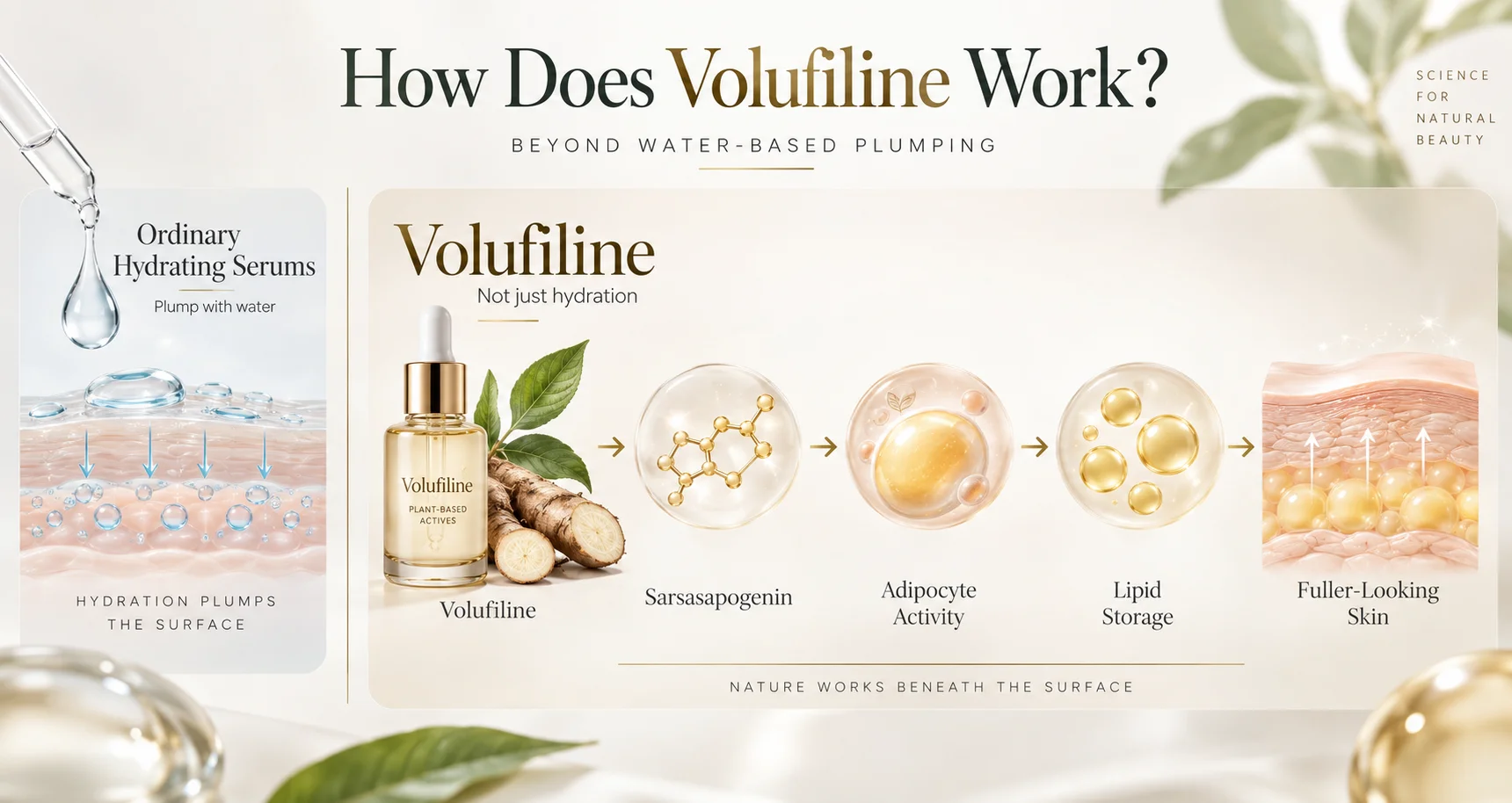 Infographic explaining how Volufiline works, highlighting its plant-based hydration and skin-plumping process leading to fuller-looking skin.